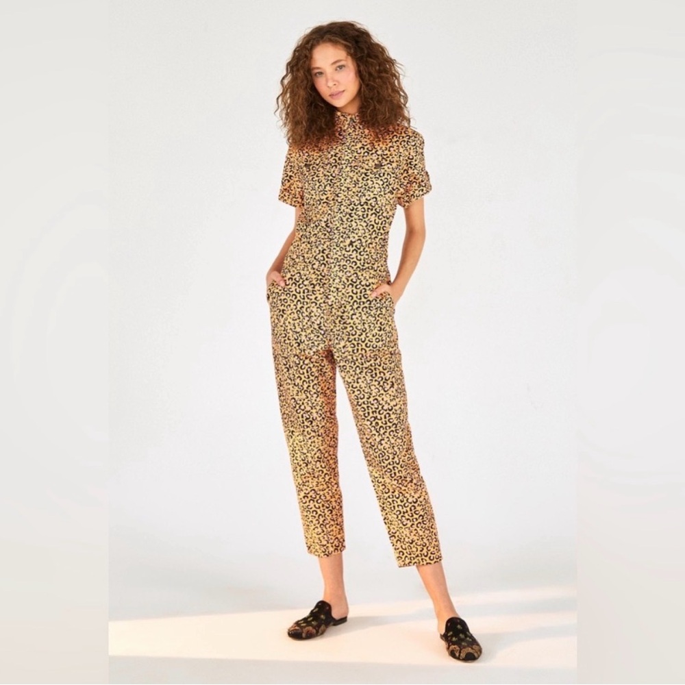 Farm Rio Anthropologie Women’s Leopard Pop Jumpsuit Medium Brown Pink Cotton